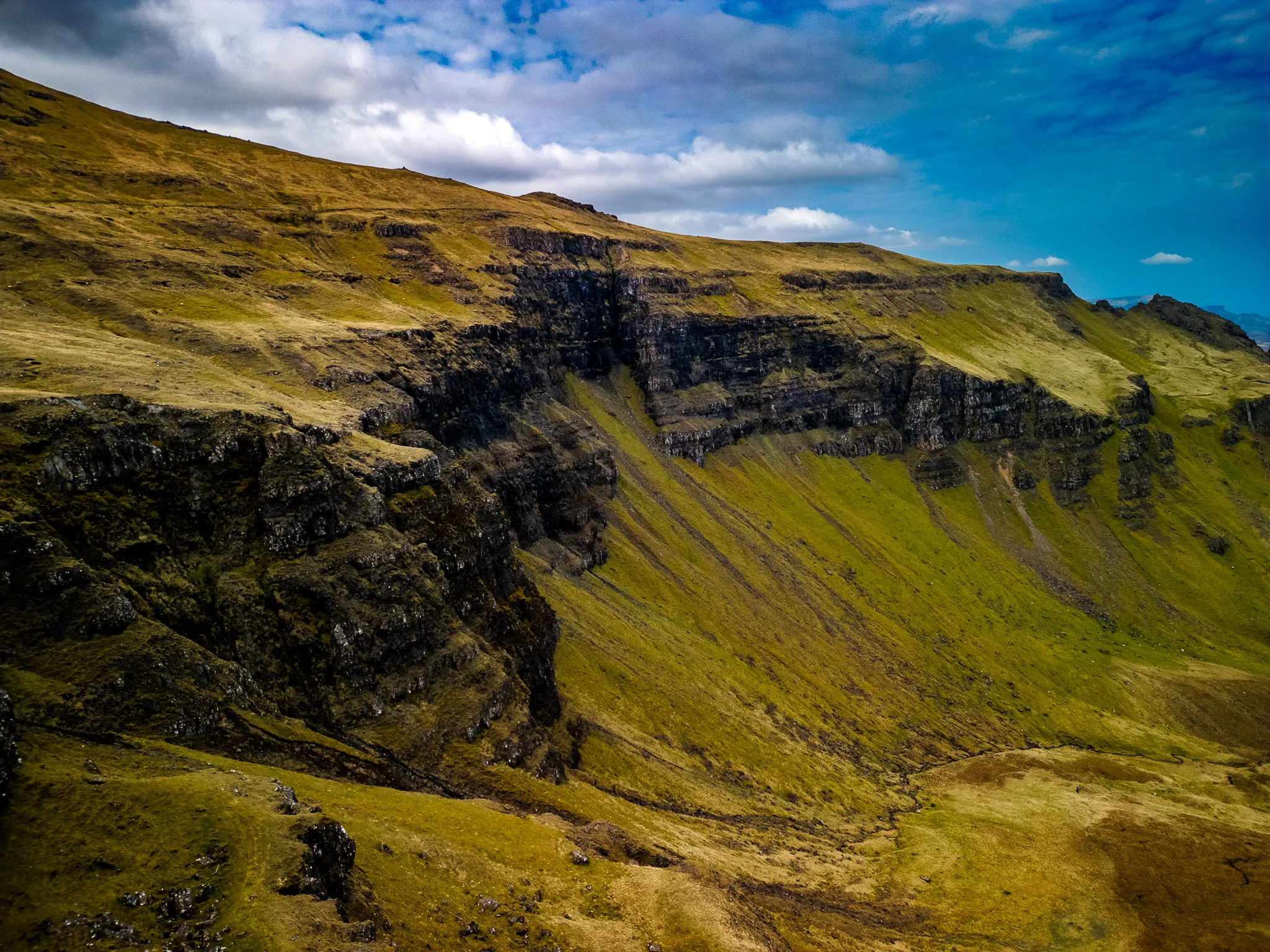 Drone landscape photograph of the dramatic Old Man of Storr cliffs on the Isle of Skye, Scotland